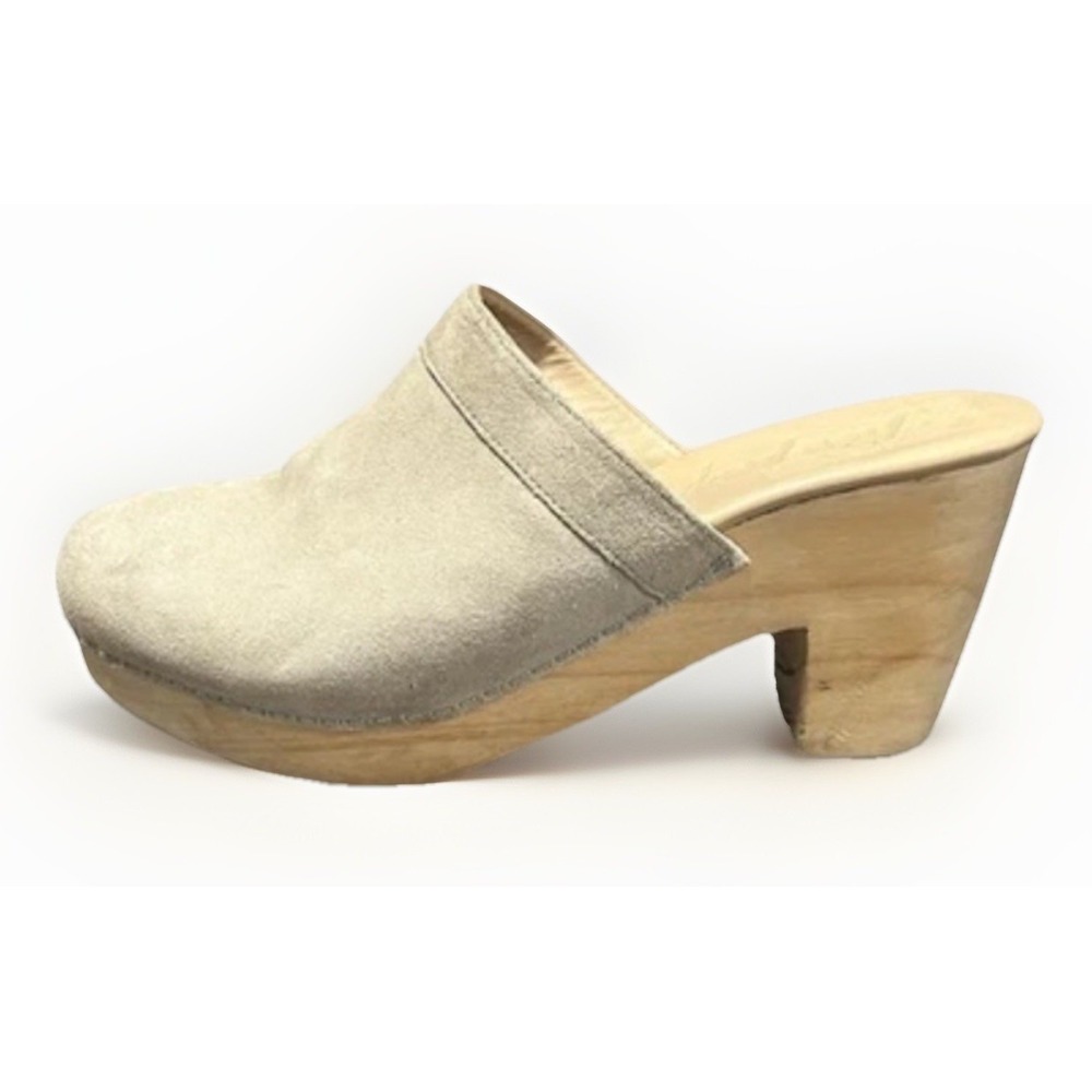 Free People Beige Suede Wooden Heel Clogs